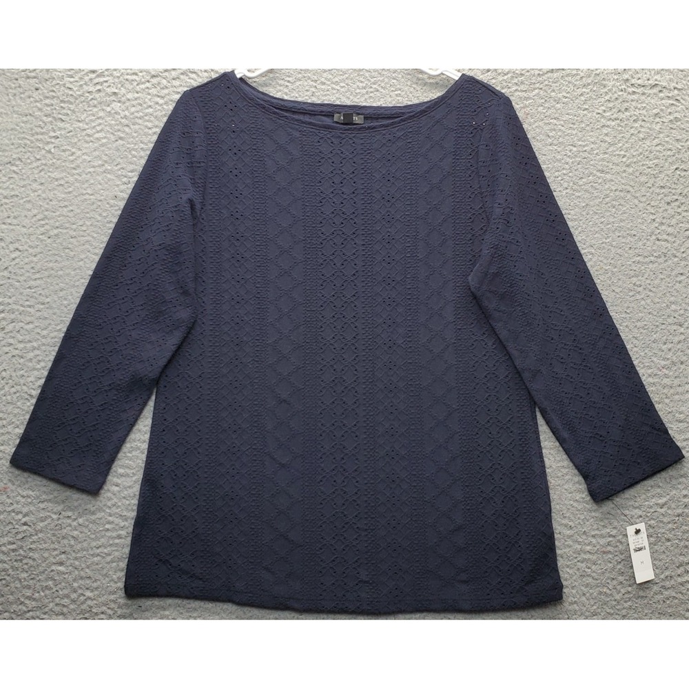Talbots Blouse Top Womens Medium Navy Eyelet Detail Stretch Bateau Neck Pullover